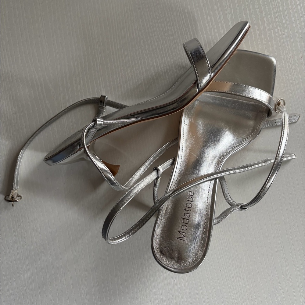 Modatope Metallic Silver Square-Toe Ankle-Strap Heels